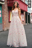 Pink Floral Spaghetti Straps Applique A-Line Prom Dress with Sequin