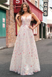 Pink Floral Spaghetti Straps Applique A-Line Prom Dress with Sequin