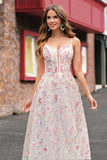 Pink Floral Spaghetti Straps Applique A-Line Prom Dress with Sequin