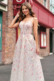 Pink Floral Spaghetti Straps Applique A-Line Prom Dress with Sequin