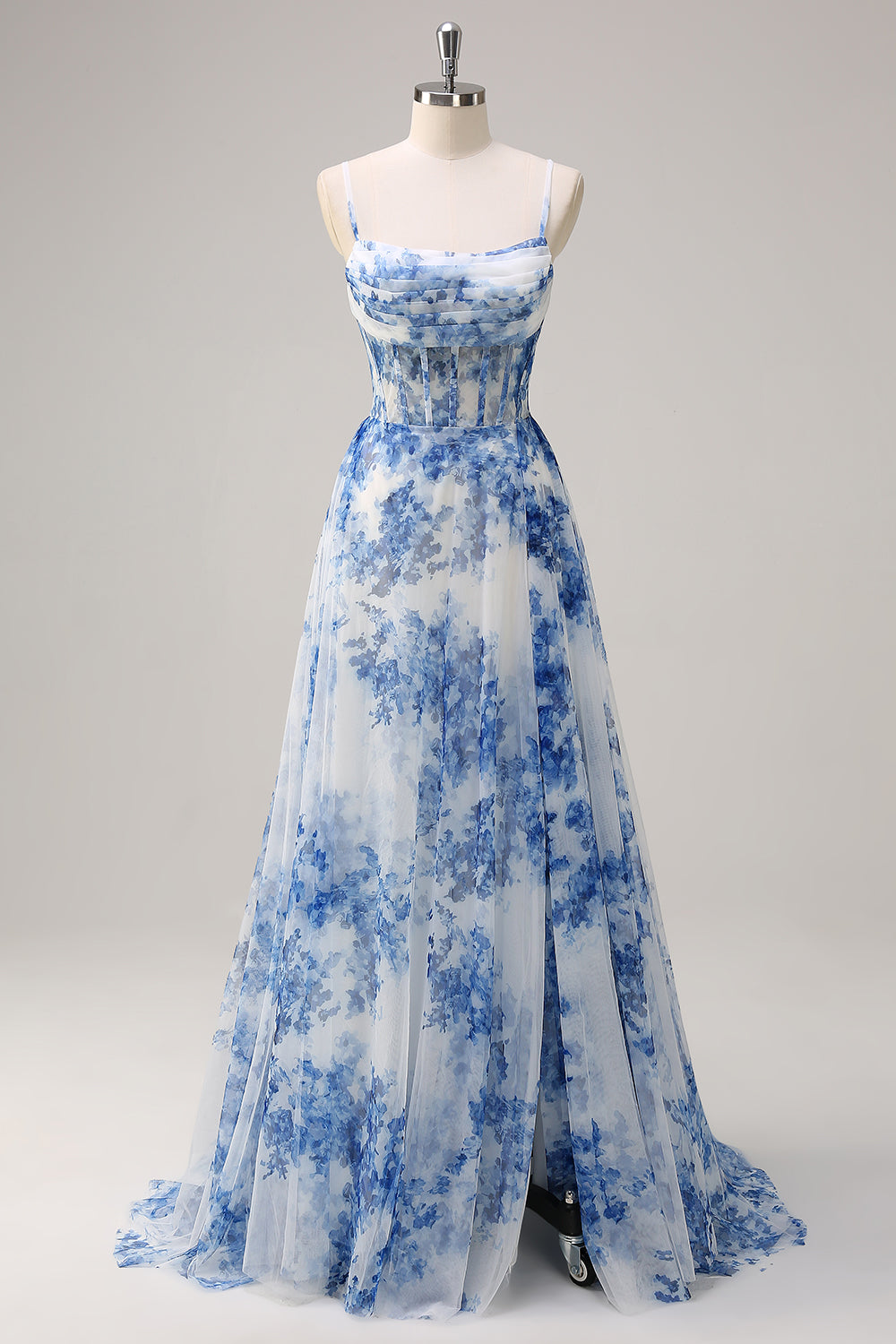Leely Women White Blue Flower A-Line Prom Dress with Slit Spaghetti Straps Corset Floor Length Wedding Guest Dress leelyuk Leely Women White Blue Flower A-Line Prom Dress with Slit Spaghetti Straps Corset Floor Length Wedding Guest Dress leelyuk