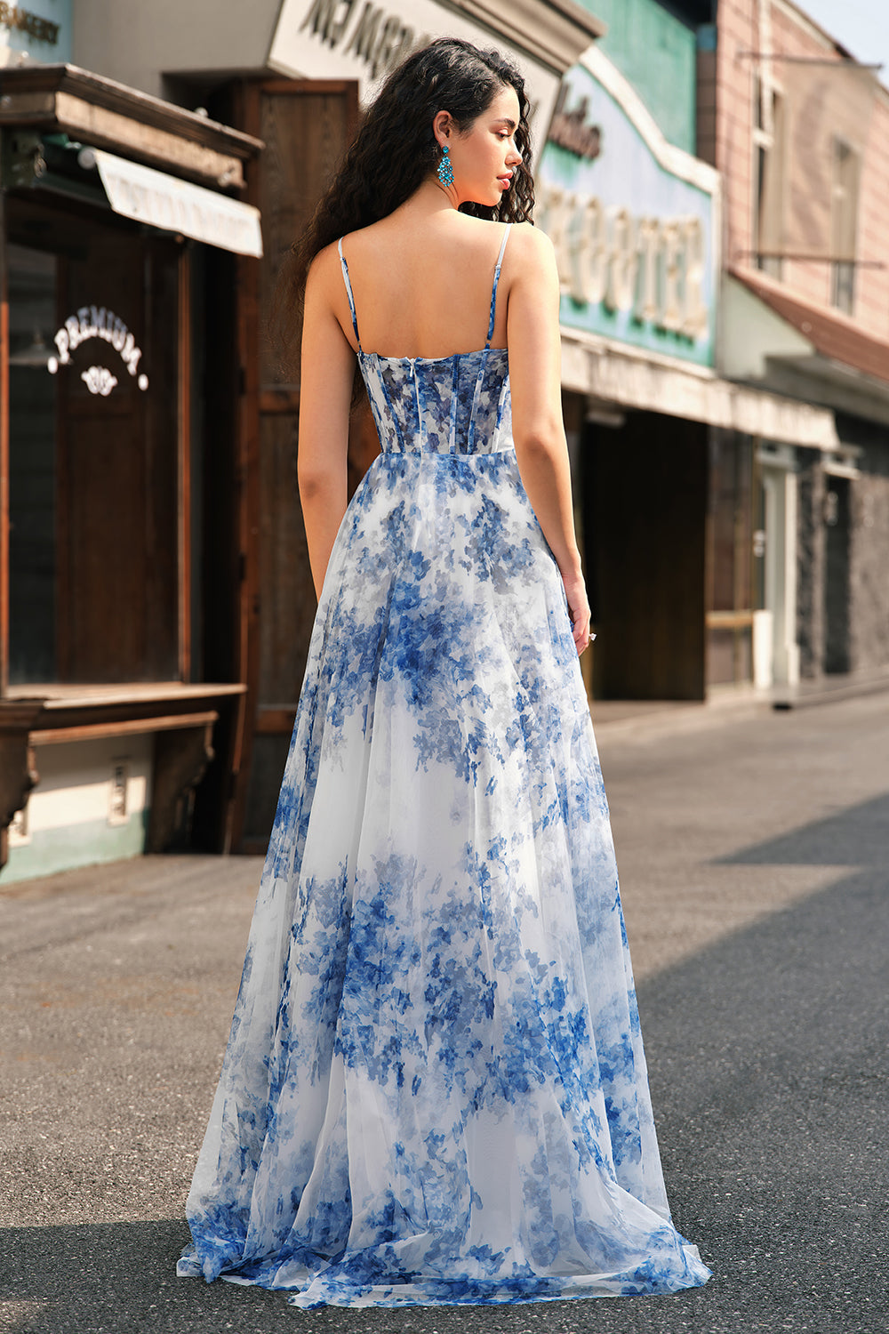 Leely Women White Blue Flower A-Line Prom Dress with Slit Spaghetti Straps Corset Floor Length Wedding Guest Dress leelyuk Leely Women White Blue Flower A-Line Prom Dress with Slit Spaghetti Straps Corset Floor Length Wedding Guest Dress leelyuk