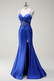Royal Blue Spaghetti Straps Mermaid Satin Prom Dress with Slit