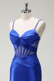 Royal Blue Spaghetti Straps Mermaid Satin Prom Dress with Slit
