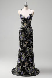 Glitter Black Sequined Mermaid Embroidered Prom Dress