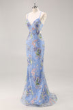 Sparkly Pink Mermaid Floral Sequin Maxi Prom Dress