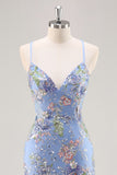 Sparkly Mermaid Blue Floral Beaded Maxi Prom Dress with Sequins