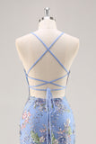 Sparkly Mermaid Blue Floral Beaded Maxi Prom Dress with Sequins
