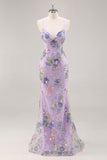 Sparkly Pink Mermaid Floral Sequin Maxi Prom Dress