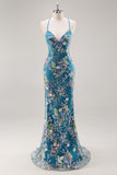 Sparkly Pink Mermaid Floral Sequin Maxi Prom Dress