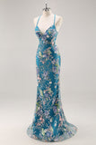 Sparkly Pink Mermaid Floral Sequin Maxi Prom Dress