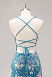 Sparkly Mermaid Blue Floral Beaded Maxi Prom Dress with Sequins