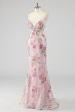 Sparkly Pink Mermaid Floral Sequin Maxi Prom Dress