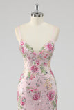 Sparkly Pink Mermaid Floral Sequin Maxi Prom Dress