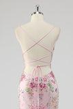 Sparkly Pink Mermaid Floral Sequin Maxi Prom Dress