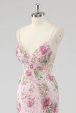 Sparkly Pink Mermaid Floral Sequin Maxi Prom Dress