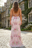 Sparkly Plus Size Pink Mermaid Floral Sequin Maxi Prom Dress