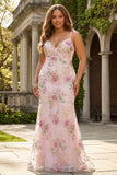 Sparkly Plus Size Pink Mermaid Floral Sequin Maxi Prom Dress