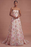 Strapless Pink Sequined Floral A-Line Prom Dress