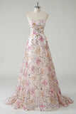 Strapless Pink Sequined Floral A-Line Prom Dress
