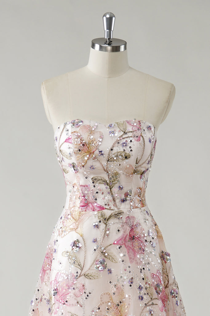 A Line Strapless Pink Lace Floral Appliques Prom Dress LBQ3945