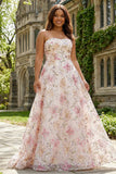 Strapless Pink Plus Size Sequined Floral A-Line Prom Dress