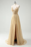Glitter A-Line Halter Corset Gold Prom Dress with Slit