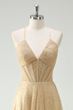 Glitter A-Line Halter Corset Gold Prom Dress with Slit