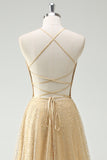 Glitter A-Line Halter Corset Gold Prom Dress with Slit