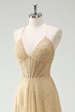 Glitter A-Line Halter Corset Gold Prom Dress with Slit