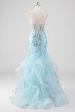 Sparkly Sky Blue Spaghetti Straps Sheath Sequined Prom Dress with Ruffles