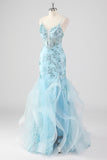 Sparkly Sky Blue Spaghetti Straps Sheath Sequined Prom Dress with Ruffles