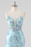 Sparkly Sky Blue Spaghetti Straps Sheath Sequined Prom Dress with Ruffles
