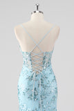 Sparkly Sky Blue Spaghetti Straps Sheath Sequined Prom Dress with Ruffles