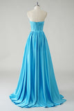 Blue V-Neck Strapless Corset A-Line Prom Dress with Slit