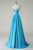Blue V-Neck Strapless Corset A-Line Prom Dress with Slit