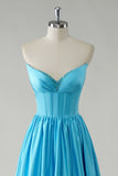 Blue V-Neck Strapless Corset A-Line Prom Dress with Slit