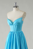 Blue V-Neck Strapless Corset A-Line Prom Dress with Slit