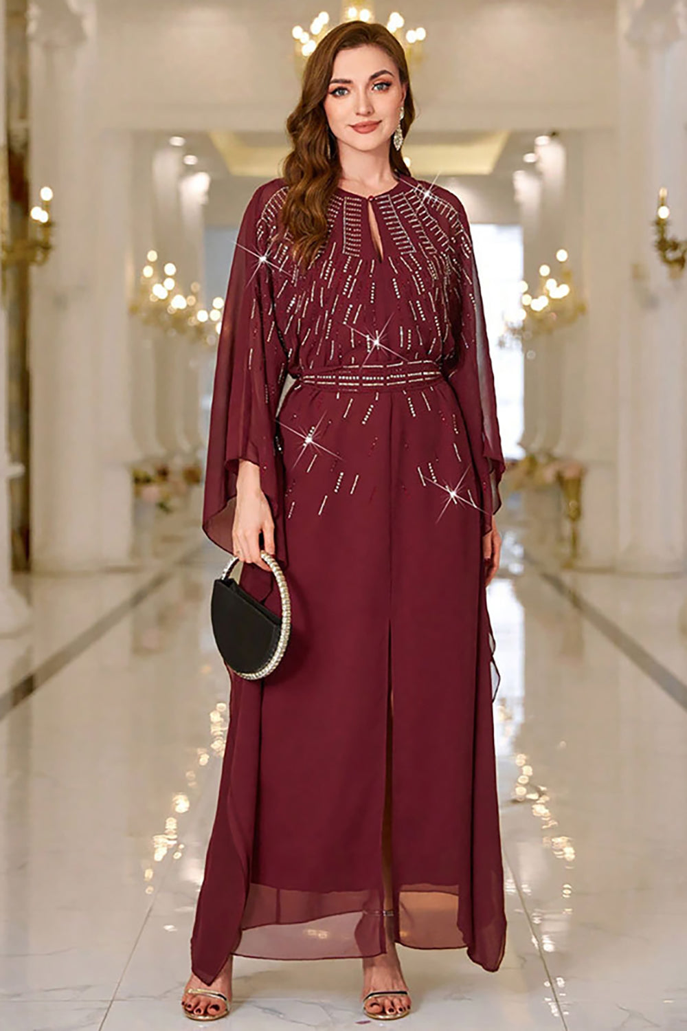 Burgundy A Line Round Neck Long Sleeves Chiffon Wedding Party Dress