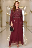 Burgundy A Line Round Neck Long Sleeves Chiffon Wedding Party Dress