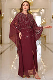 Burgundy A Line Round Neck Long Sleeves Chiffon Wedding Party Dress