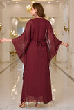 Burgundy A Line Round Neck Long Sleeves Chiffon Wedding Party Dress