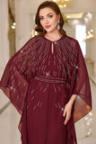 Burgundy A Line Round Neck Long Sleeves Chiffon Wedding Party Dress