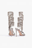 Glitter Silver Open Toe Strappy Tassels High Heels with Beading