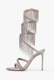 Glitter Silver Open Toe Strappy Tassels High Heels with Beading