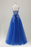 Royal Blue Glitter Appliqued Long Prom Dress with Slit