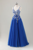 Royal Blue Glitter Appliqued Long Prom Dress with Slit