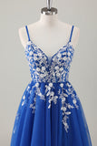 Royal Blue Glitter Appliqued Long Prom Dress with Slit