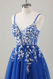 Royal Blue Glitter Appliqued Long Prom Dress with Slit
