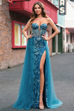 Peacock Blue Strapless Corset Applique Prom Dress